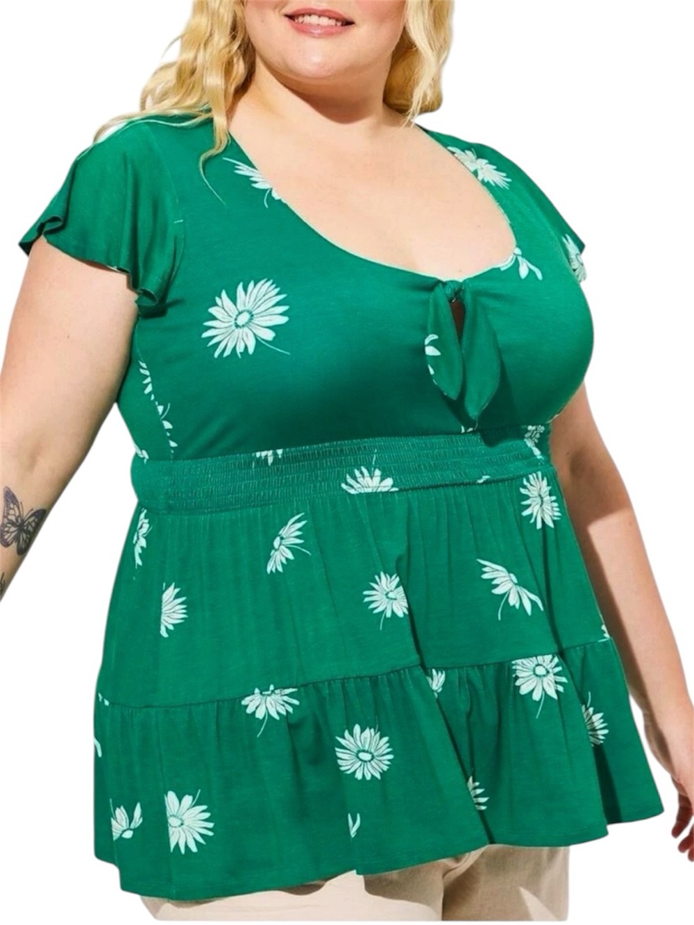Torrid Super Soft Green Daisy Floral Tie-Front Keyhole Babydoll Knit Top Size 3X